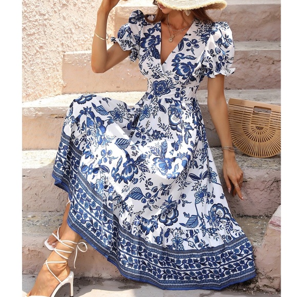 Plus Floral Print Puff Sleeve Midi Dress - Picture 7 of 9